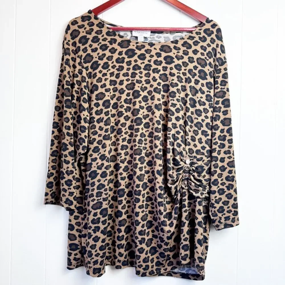 Carmen Marc Valvo Leopard Print 3/4 Sleeve Popover Blouse Women’s Size 3X - Picture 2 of 13